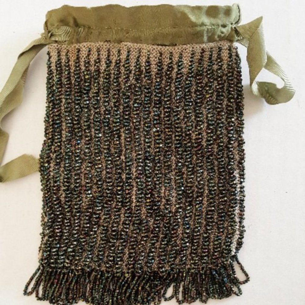 Antique ART DECO PURSE Green Beaded Bag w/ Drawstring Cosplay Gorgeous